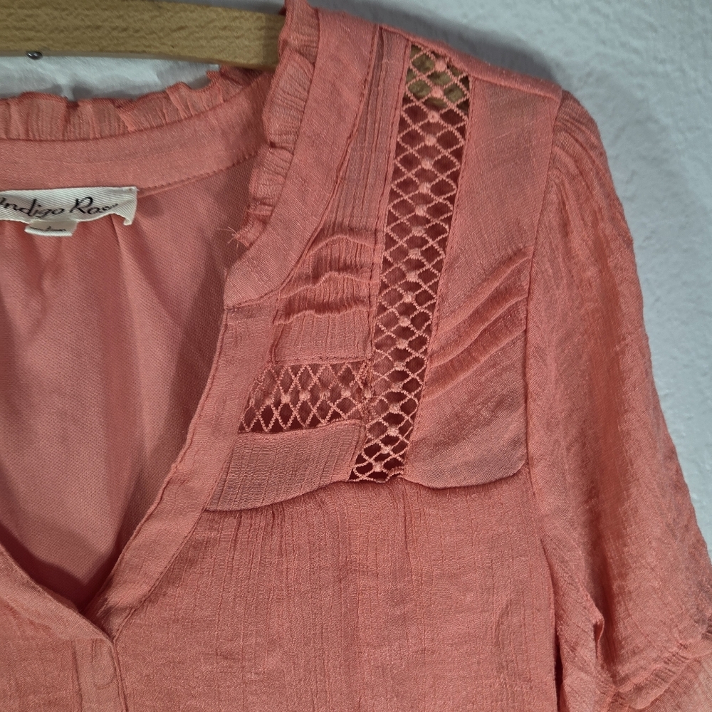 Indigo Rose Orange Size L Mini Swing Dress Embroidered Short Sleeves V-Neck - Picture 6 of 16